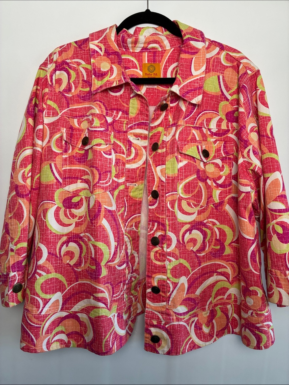 Ruby Rd. Pink Multi-Color Floral Jean Jacket 3/4 Sleeve